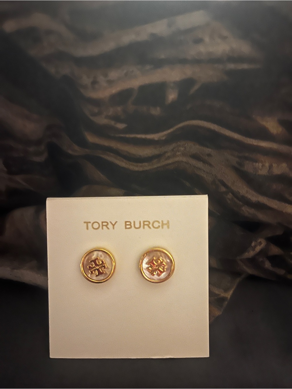 Tory Burch Gold Logo Stud Earrings with Cream Center